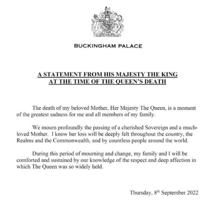 A statement has just been issued by the Royal Family on behalf of Charles, the new King.